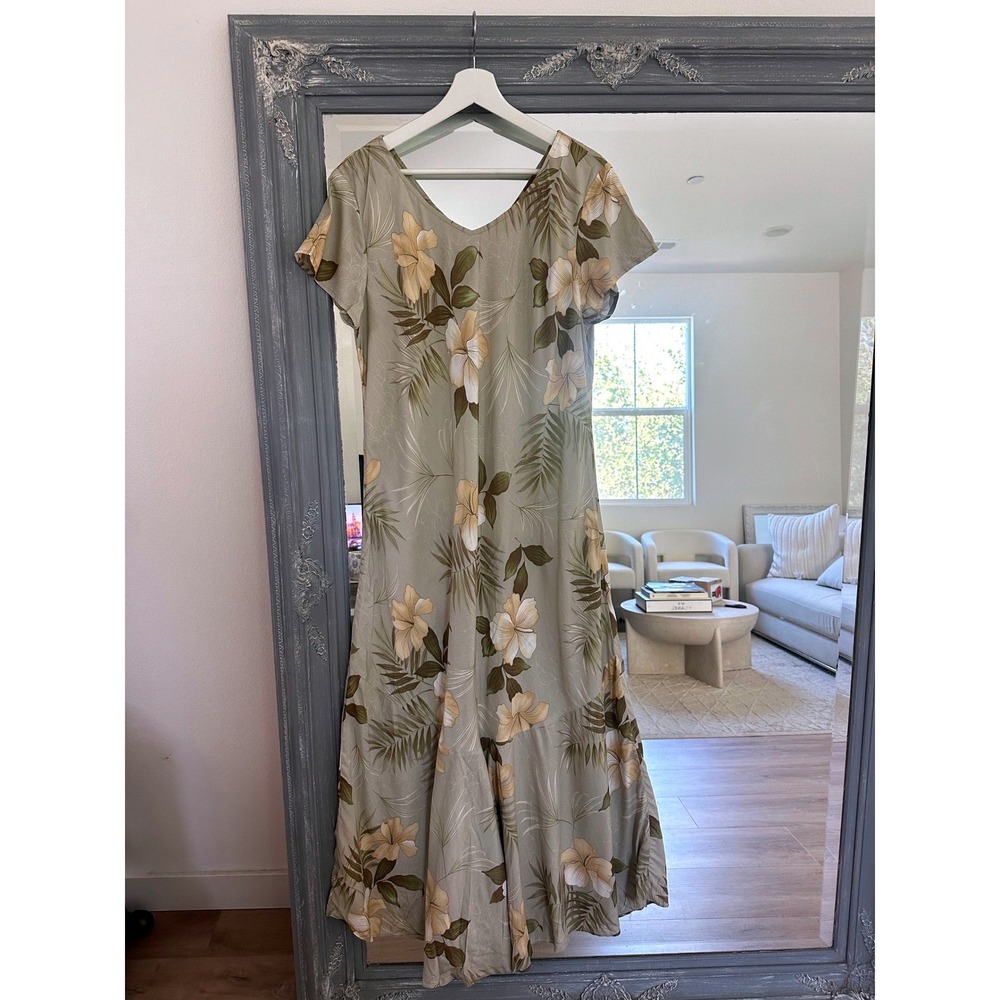 Nani Hawaii Tori Richard Tiered Maxi Dress Green Tropical Hibiscus Floral XL